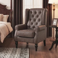 HOMCOM Fauteuil de Chambre en Cuir PU avec Assise Large, Accoudoirs et Pieds en Bois d'Eucalyptus, Marron(m-4)