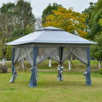 Outsunny Tonnelle barnum de jardin pop-up pliant 4 x 4 m acier polyester moustiquaires + sac de transport à roulettes gris(m-10)