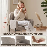 HOMCOM Sessel Wohnzimmer Loungesessel mit Chenille-Optik, Armlehnen, Metallbeinen für Schlafzimmer, Hellbraun(m-4)