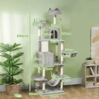 PawHut hoher Kratzbaum 206 cm mit 4 Sisal-Kratzsäulen, Höhlen, Körben, Hängematten, für 1-3 Kätzchen 6 kg, Hellgrau(m-3)