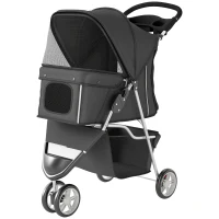PawHut Dog Stroller, 3 Wheels Foldable Pet Stroller with Adjustable Canopy, Storage Basket for Small Mini Breeds, Dark Grey(m-11)