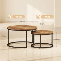 HOMCOM Rundes Couchtisch-Set, 2-teilig, Industrielle Beistelltische mit Metallrahmen für Wohnzimmer und Schlafzimmer, Braun(m-3)