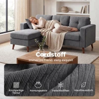 HOMCOM Ecksofa 192 cm L-Form 3-Sitzer Sofa mit umkehrbarer Chaiselongue, Cord-Optik, für kleinen Raum, Dunkelgrau(m-6)