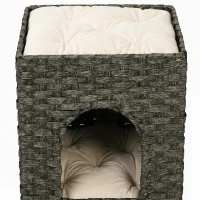 PawHut 2-Tier Wicker Cat House, Handwoven Rattan Cat Bed with Washable Cushions, Indoor Kitten Condo Hideaway(m-13)