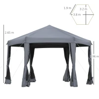 Outsunny 3.8m x 3.2m Pop Up Gazebo Hexagonal Canopy Tent Outdoor Sun Protection with 6 Mesh Sidewalls, Hand Bag, Grey(m-3)