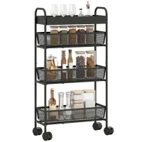 HOMCOM Chariot de rangement à 4 niveaux, desserte à roulettes, 3 paniers coulissants, panier supérieur 19 x 43,2 x 80 cm noir(m-11)