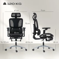 HOMCOM Scaun de Birou Ergonomic din Plasă cu Cotiere, Tetieră, Spătar Reglabil, Funcție Legănare, Negru(m-3)