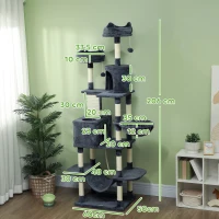 PawHut Tiragraffi per Gatti Alto 206 cm con 4 Pali Graffiatoi, Grotte, Cesti, Amache, per 1-3 Gattini 6 kg, Grigio Scuro(m-3)