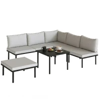 Outsunny Lounge Tuinmeubelset 5-6 Personen Tuinlounge Set met 2-zits Tuinbank, 2 Stoelen, Hoekstoel, Lamellen-tafel, Voetenbank(m-15)