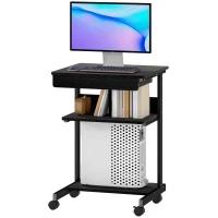 HOMCOM Roll-Schreibtisch mit Schublade und Regalen, 4 Räder, kompakt, Spanplatte, Metall(m-11)