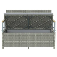 Outsunny 170 L Garden Storage Bench with Zipped Liner, 2 Seater Rattan Garden Bench with Storage, Gas Strut, Cushion, Light Grey(m-11)