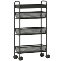 HOMCOM Chariot de rangement à 4 niveaux, desserte à roulettes, 3 paniers coulissants, panier supérieur 19 x 43,2 x 80 cm noir(m-1)