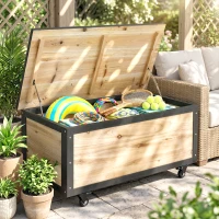 Outsunny Bancă de depozitare 121L cu 4 roți și mânere, din lemn și oțel, 100x50x43cm, culoare lemn(m-10)