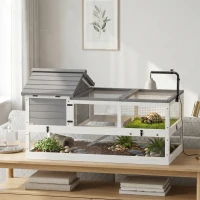 PawHut casa per tartarughe in legno con due casette e tetto apribile, grigio(m-6)