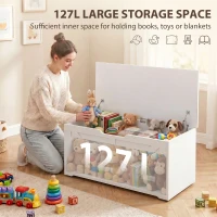 HOMCOM 127L Home Storage Box, with Safety Hinges - White Wood-Effect(m-4)