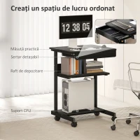 HOMCOM Birou PC cu Sertar Glisant, 2 Rafturi și 4 Roți, din Lemn și Metal, 56x51x79 cm, Negru(m-4)