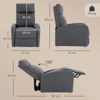 HOMCOM Manuell verstellbarer Relaxsessel 135° mit Fußstütze, in Leinenoptik-Stoff, Holzbeine, Dunkelgrau(m-3)