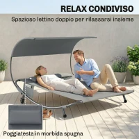Outsunny Lettino Prendisole Doppio con Baldacchino Rimovibile, Ruote, Cuscini e Tasche, Grigio(m-4)