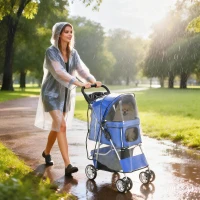 PawHut Passeggino per Cani Pieghevole con Copertura Antipioggia, Ruote Girevoli e Cuscino Lavabile, Blu(m-10)