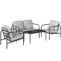 Outsunny Salotto da Giardino 4 Pezzi in Acciaio con Divano 2 Posti, 2 Poltrone e Tavolino, Grigio Chiaro(m-1)
