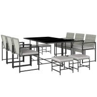 Outsunny Set Pranzo Patio 11 Pezzi, Mobili Esterno Con 6 Poltrone, 4 Pouf, Grigio(m-1)