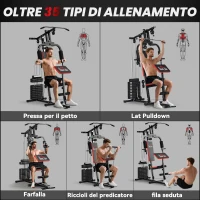 HOMCOM Power Tower con Pesi fino a 65 kg per Workout, in Acciaio e PU, 135x103x210 cm, Nero e Rosso(m-4)