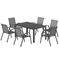 Outsunny Set da Esterno 7pz in Acciaio con Tavolo Rettangolare e 6 Sedie Impilabili in Texteline, Grigio Chiaro(m-11)