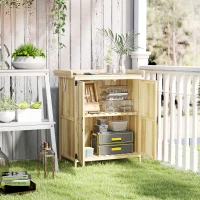 Outsunny Armadietto da Esterno, Capanno Porta Attrezzi con Mensola, in Legno con 2 Ante per Giardino, Patio, Color Legno(m-2)
