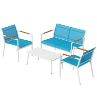 Outsunny Set Giardino 4 Posti Divano, Poltrone, Tavolo in Metallo, Blu.(m-11)