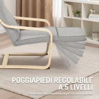HOMCOM Poltrona Camera da Letto in Legno di Betulla e Tessuto Effetto Lino con Poggiapiedi Regolabile, Grigio Chiaro(m-4)