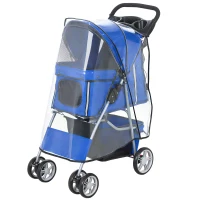PawHut Passeggino per Cani Pieghevole con Copertura Antipioggia, Ruote Girevoli e Cuscino Lavabile, Blu(m-11)