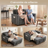 HOMCOM Sofá Cama 2 Plazas 3 en 1 con Respaldo Ajustable Bolsillos Laterales 2 Almohadas para Sala de Estar Gris Oscuro(m-4)
