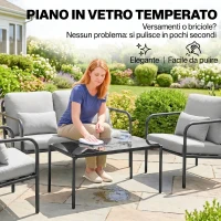 Outsunny Salotto da Giardino 4 Pezzi in Acciaio con Divano 2 Posti, 2 Poltrone e Tavolino, Grigio Chiaro(m-8)