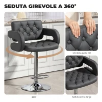 HOMCOM Sgabello da Bar Regolabile, Seduta Extra Large Girevole in Similpelle PU, Grigio(m-5)