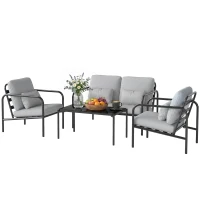 Outsunny Salotto da Giardino 4 Pezzi in Acciaio con Divano 2 Posti, 2 Poltrone e Tavolino, Grigio Chiaro(m-11)