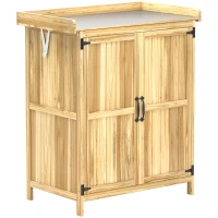 Outsunny Armadietto da Esterno, Capanno Porta Attrezzi con Mensola, in Legno con 2 Ante per Giardino, Patio, Color Legno(m-1)