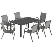 Outsunny Set da Esterno 7pz in Acciaio con Tavolo Rettangolare e 6 Sedie Impilabili in Texteline, Grigio Chiaro(m-1)