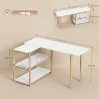 HOMCOM Escritorio Plegable de Ordenador Moderno con Estantes de Almacenamiento y Estructura de Bambú Blanco y Roble(m-3)