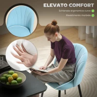 HOMCOM Set 2 Sedie da Pranzo Imbottite con Schienale a Conchiglia in Velluto, 52x55x79 cm, Azzurro(m-5)