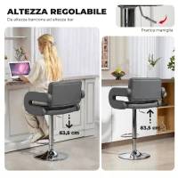 HOMCOM Sgabello da Bar Regolabile, Seduta Extra Large Girevole in Similpelle PU, Grigio(m-4)