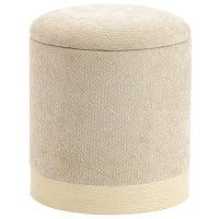 HOMCOM Puf arcón de almacenamiento, taburete redondo de chenilla, puf reposapiés con base de metal efecto madera, beige(m-1)