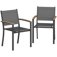 Outsunny Set 2 Sedie da Giardino in Texteline e Metallo con Braccioli Effetto Legno, 56x62x89 cm, Grigio(m-1)