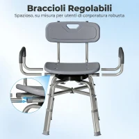 HOMCOM Sedia per Doccia Girevole ad Altezza Regolabile con Braccioli, Schienale, Capacità 150 kg, Grigio(m-4)