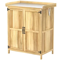 Outsunny Armadietto da Esterno, Capanno Porta Attrezzi con Mensola, in Legno con 2 Ante per Giardino, Patio, Color Legno(m-11)