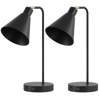 HOMCOM 2er-Set moderne Tischlampen aus Stahl mit USB-Anschlüssen, E27-Fassung, Leuchtmittel nicht enthalten, Schwarz