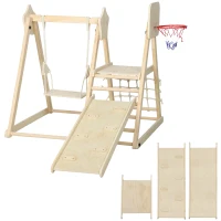 AIYAPLAY Tobogán Infantil 5 en 1 Estructura de Escalada con Tobogán Columpio Aro de Baloncesto Tabla Red de Escalada Natural(m-1)