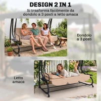 Outsunny Dondolo Letto da Giardino 3 Posti con Tetto Regolabile e Vassoio, 200x120x164 cm, Marrone Chiaro(m-4)