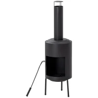 Outsunny Chimenea de Exterior de Metal Brasero con Atizador y Chimenea para Jardín Patio Terraza 30x30x105 cm Negro(m-12)