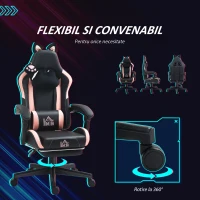 HOMCOM Scaun de Gaming Reclinabil cu Suport pentru Picioare și Perne, din Piele Ecologică și Spumă, 65x62x116-124 cm, Roz și Negru(m-7)