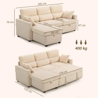 HOMCOM Sofá Cama Esquinero con Compartimento, Tapizado en Terciopelo Acanalado y 2 Cojines, 205x135x76 cm, Beige(m-3)